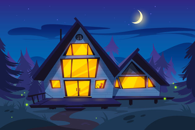 夜晚森林里的木屋在夜间森林人小屋小屋假期乡村
