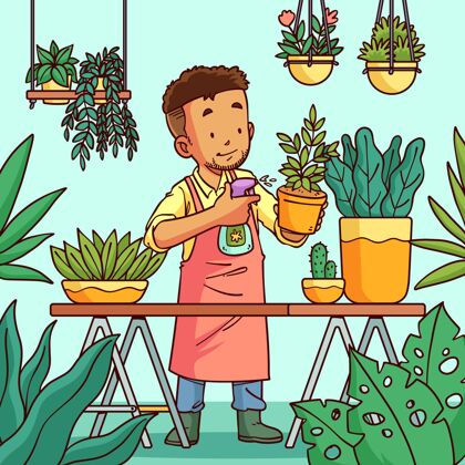人手绘的人照顾植物的插图手绘盆栽植物绿色植物