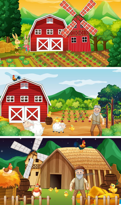 天空不同的农场场景与老农民和动物卡通人物羔羊树幼年
