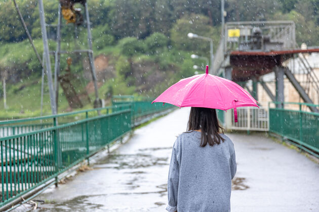 伞一个女孩在雨天的雨伞下走在森林里的一座桥上水坝绿色乡村