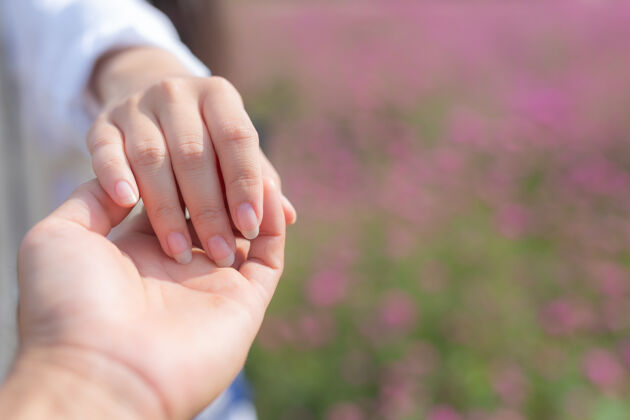 情侣年轻女子牵着男人的手 领着他走在花园里人朋友女人