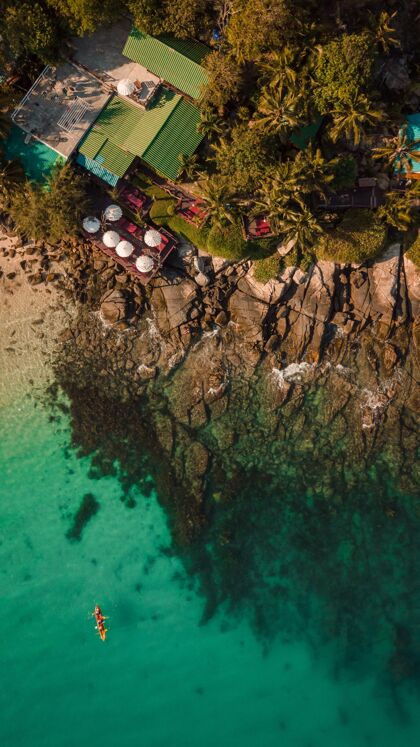 海岸线一个海边有树和房子的大海的垂直俯视镜头海滩自然大海
