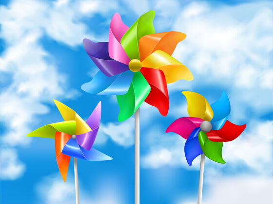 风扇彩色和现实的风车玩具天空插图五彩缤纷风旋转