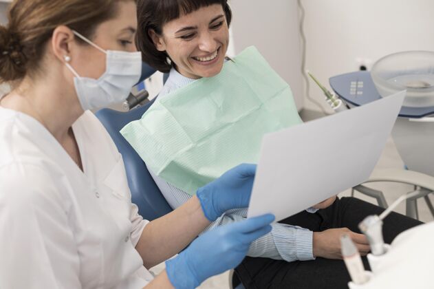 职业女病人和牙医一起看牙齿的X光片女性医生正畸