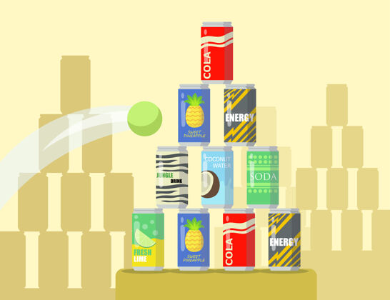 网球卡通金字塔的柠檬水罐平面插图网球飞进金字塔的不同罐装饮料展示在橱窗上苏打水饮用塑料