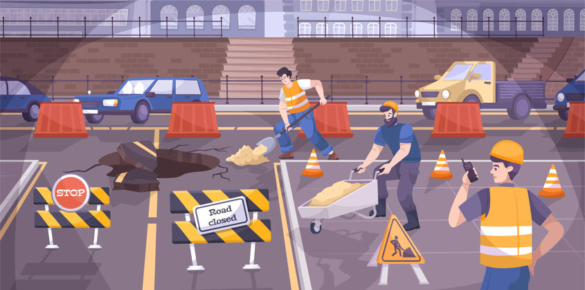 维修道路施工标志由平面组成 工人正在修路 道路上有标志公路建筑商维护