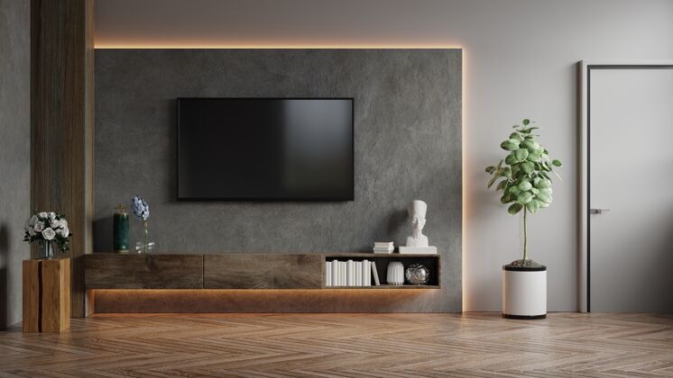 灯光电视墙安装在一个黑暗的房间与混凝土墙三维渲染木头室内水泥