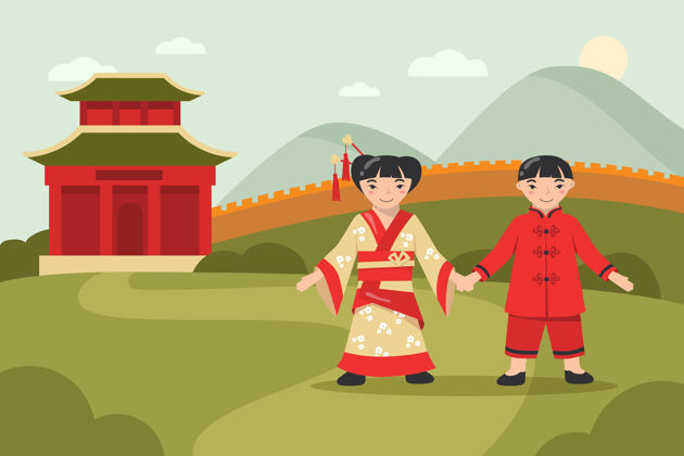 卡通快乐的亚洲男孩和女孩穿着传统的衣服走在一起韩国文化韩国