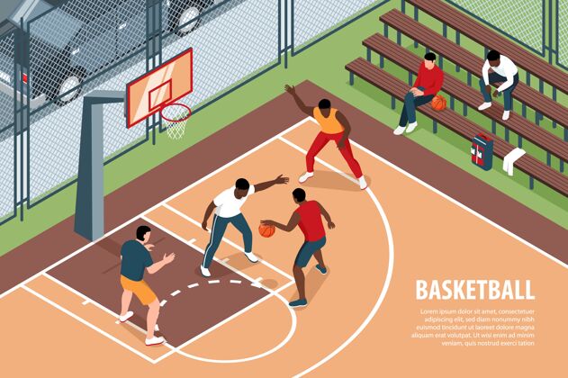 比赛等轴测篮球插图与可编辑的文本和运动场与运动员和观众的看法操场视图篮球