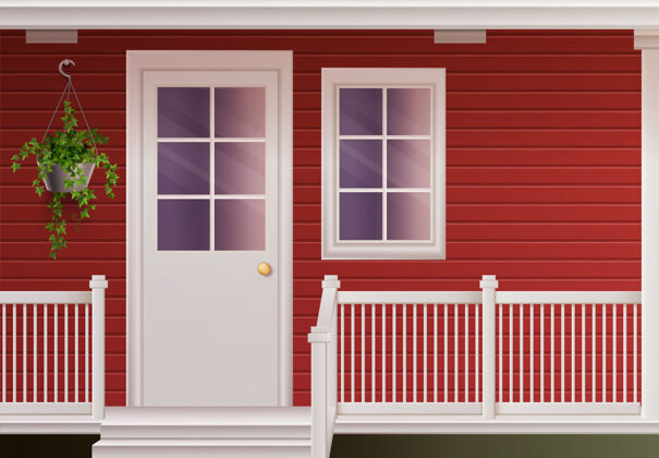 门私人乡村别墅正面与入口门和栅栏门廊真实的插图正面房子现实