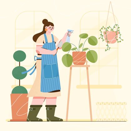 生长植物人们照顾植物的平面插图快乐的人五颜六色花儿