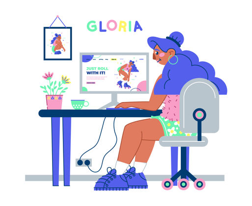 网页设计师一个拿着咖啡和植物插画在桌子旁工作的女孩设计概念房间