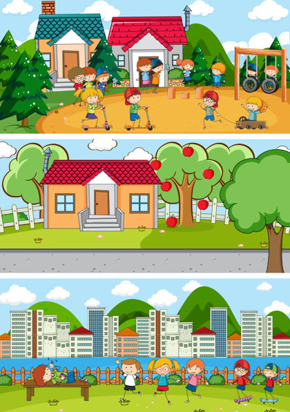 孩子一组不同的水平场景背景与涂鸦儿童卡通人物自然可爱房子
