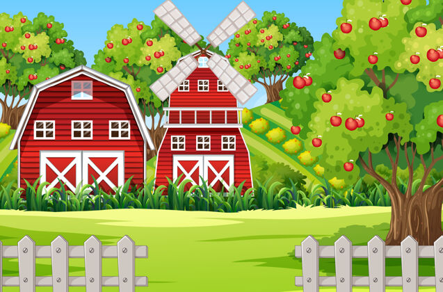 女性有红色谷仓和风车的农场场景建筑生物农业