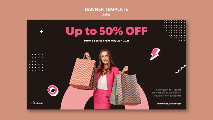 销售横幅销售与妇女在粉红色西装横幅服装获取