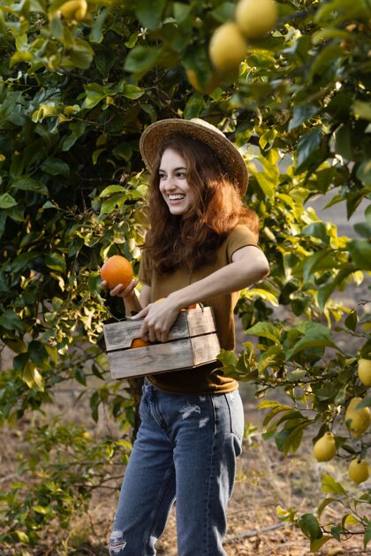 农业一个拿着桔子篮子的女人水果美味女人