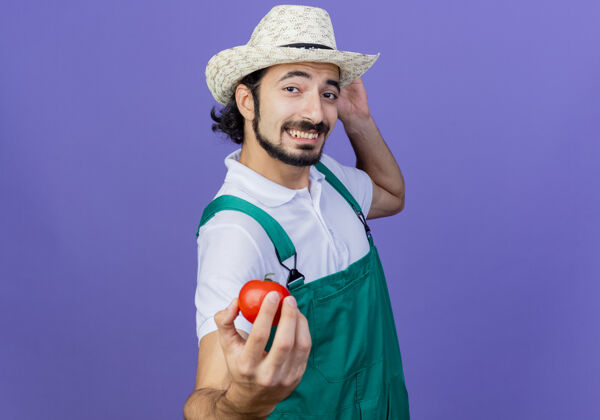 微笑年轻的留着胡须的园丁 穿着连体衣 戴着帽子 站在蓝色的墙上 脸上露出新鲜西红柿的微笑人人姿势