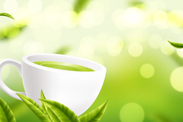 热矢量白茶杯上的绿叶健康早餐提神