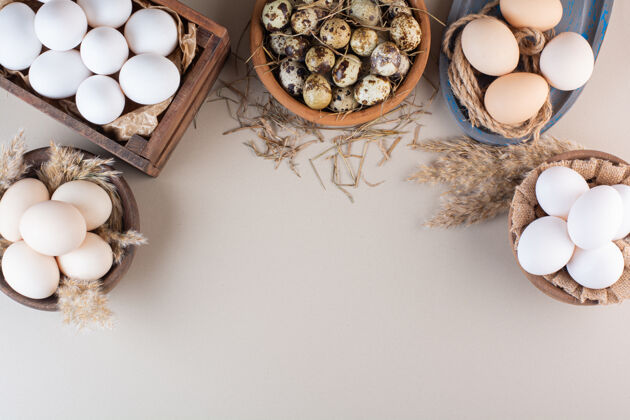 复制空间米色桌上放着几碗生鸡肉和鹌鹑蛋和面粉平铺蛋壳营养