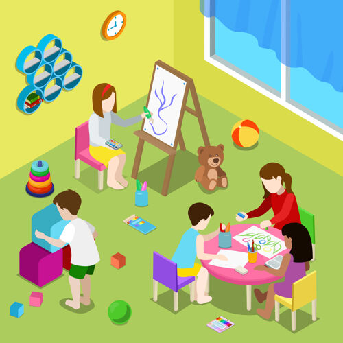 玩具平面等距插图 老师和孩子们在游戏学校或日托中心画画和玩耍学校婴儿绘画