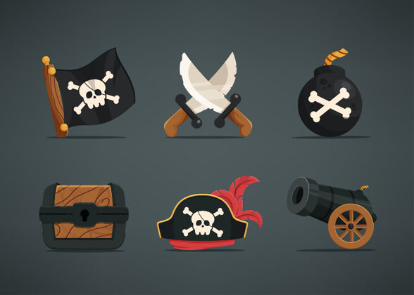 界面一套6个海盗角色的资产项目 如 海盗旗 双剑 手榴弹 宝箱 海盗帽 大炮收藏进度资源