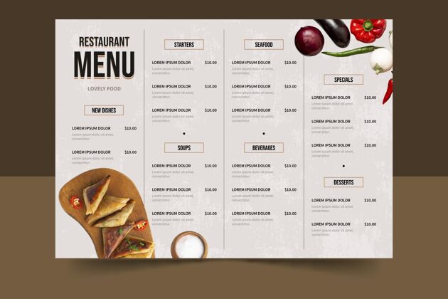 印刷品平面美味餐厅菜单与照片膳食公寓美食