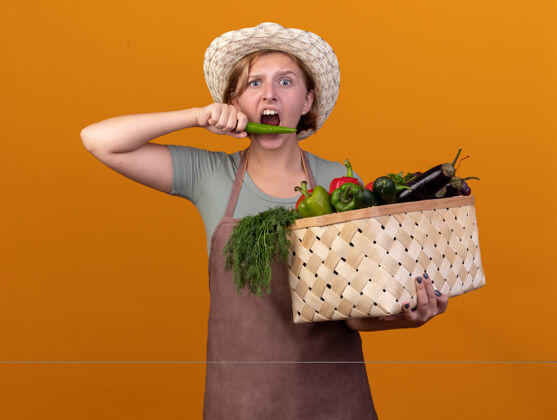 园艺焦急的年轻斯拉夫女园丁戴着园艺帽 手里拿着菜篮子和橘子上的辣椒帽子蔬菜花园