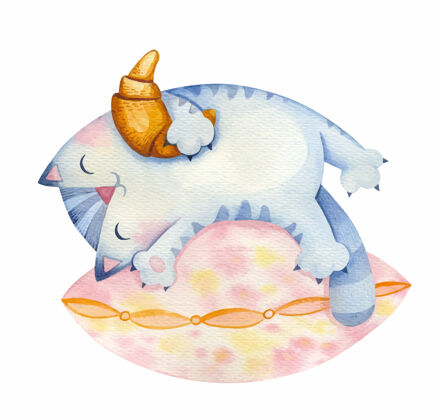 猫手里拿着羊角面包的猫睡在枕头上吉祥物动物国内
