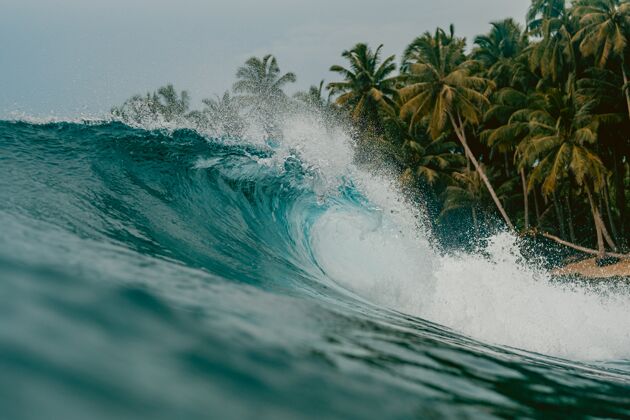海洋印度尼西亚明打威群岛巨大的海浪破碎的内景海岸放松风景