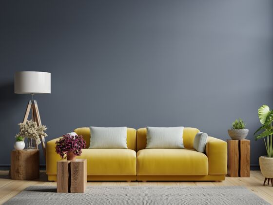 明亮室内深蓝色墙壁 黄色沙发和客厅装饰现代3d日出