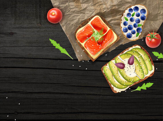 早餐健康的三明治深色木质表面真实的插图深色平铺表面