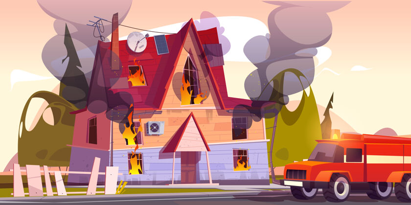 公寓消防车在燃烧的房子郊区小屋在火焰与长舌头卡通城镇帮助