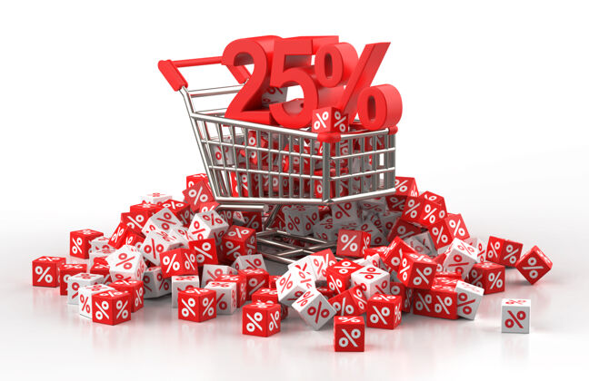 报价90%的折扣销售概念与手推车和一堆红白立方体与百分比在三维插图营销零售图表