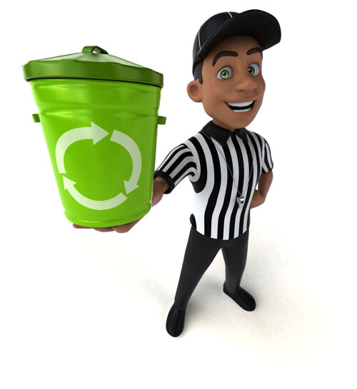 足球有趣的美国裁判与垃圾桶三维插图回收人卡通