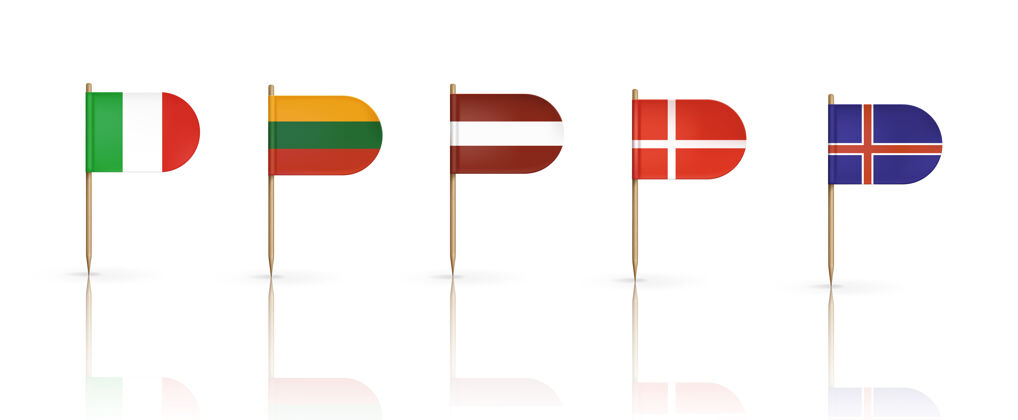 缎带牙签上的丹麦 立陶宛 拉脱维亚 冰岛和意大利国旗被隔离在白色音符木头写实