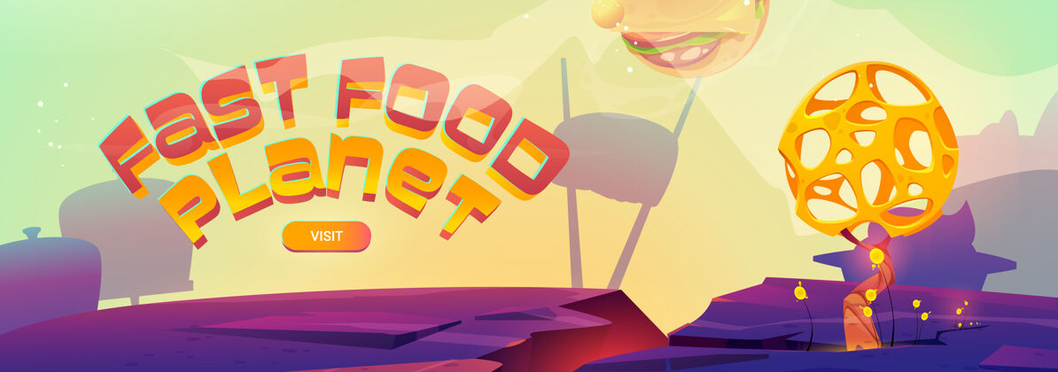 网络横幅快餐星球卡通横幅与汉堡球在外星景观宇宙屏幕滚动