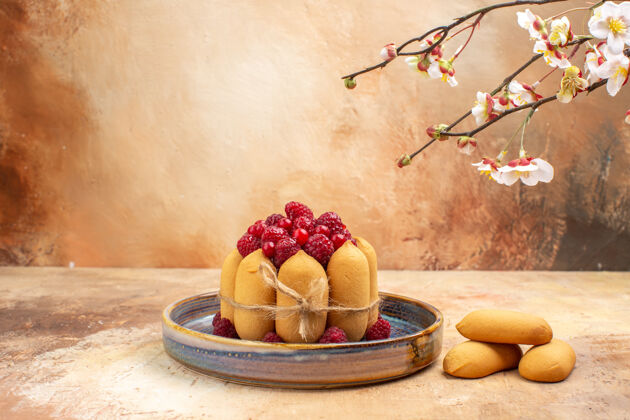 饼干混色桌上新鲜出炉的带水果和饼干的软蛋糕的水平视图库存食品水果