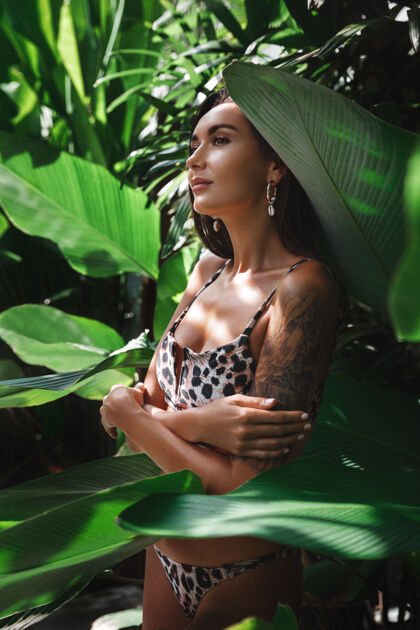 泳装美丽健康的女性身体 光滑的皮肤和紧致的臀部靠近绿色的棕榈叶雨林年轻夏天