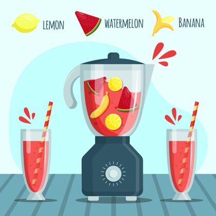 水果冰沙平面果汁在搅拌机玻璃插图搅拌机水果玻璃搅拌机