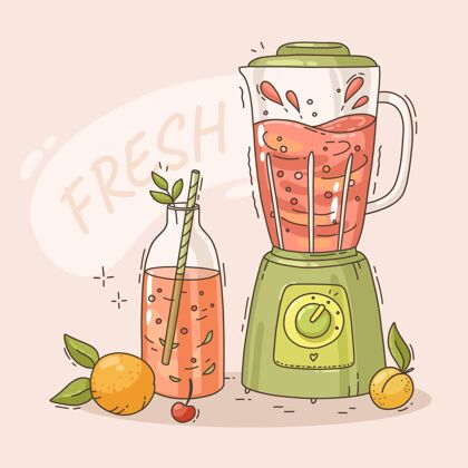 健康饮料手绘果汁在搅拌机玻璃插图水果水果冰沙搅拌机