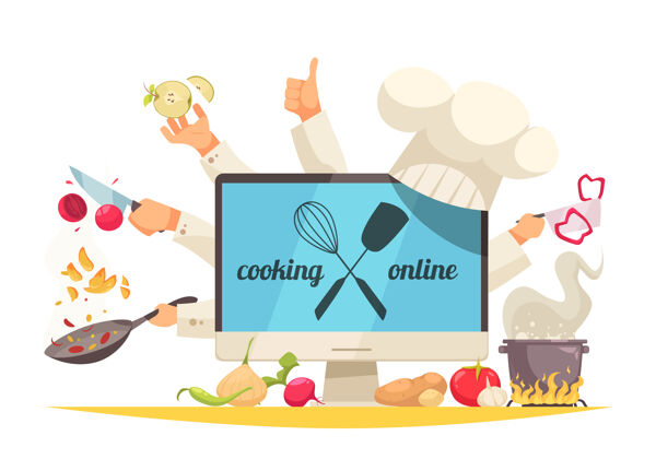 电脑烹饪在线概念与厨师工作坊符号平面符号厨师车间