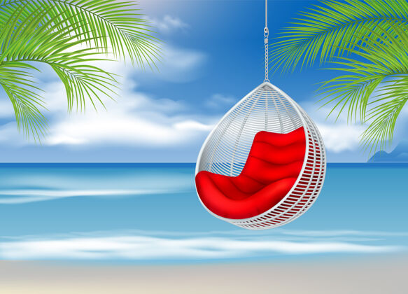 大海挂在沙滩上的柳条摇椅插图悬挂树叶海滩