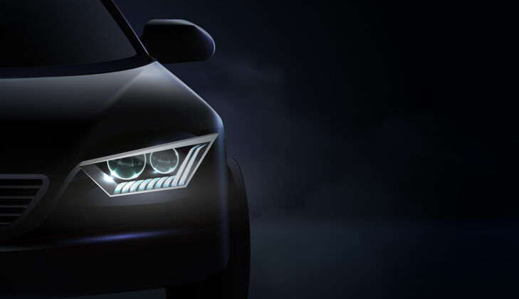 秘密逼真的汽车头灯广告组成和头灯与绿色和紫色照明夜间光束交通