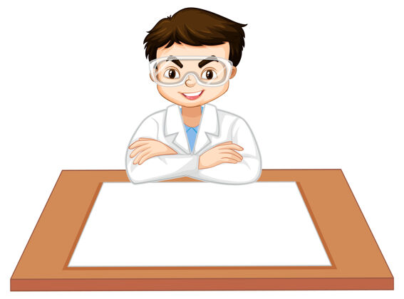 化学一个男孩穿着科学家的长袍 桌子上放着一张空纸空白青年小学生