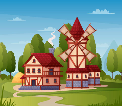 风车中世纪城镇卡通与磨坊房子和道路插图森林卡通建筑