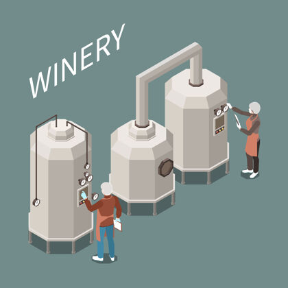 酒庄葡萄酒生产过程在工厂等距插图人五颜六色等距