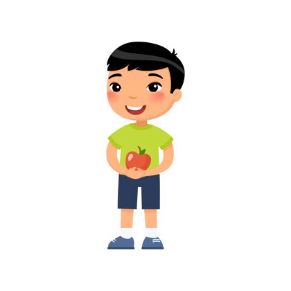 小可爱的亚洲男孩手持红苹果收获概念小学生早产儿抱着