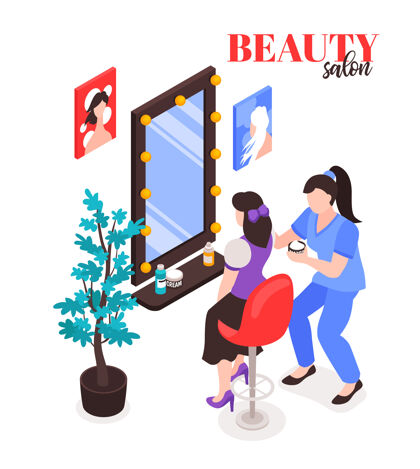 沙龙等轴测美容院组成的文字和字符的妇女和化妆师与镜子艺术家化妆美女