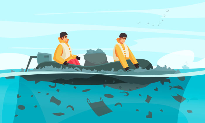 船带垃圾桶的橡皮充气船上的集水员涂鸦的自然水污染成分垃圾箱涂鸦充气