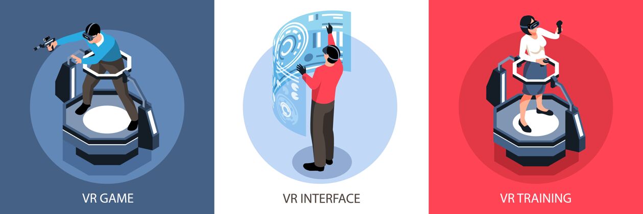 三维等轴测设计概念与虚拟现实界面播放和培训人的插图人设计等距